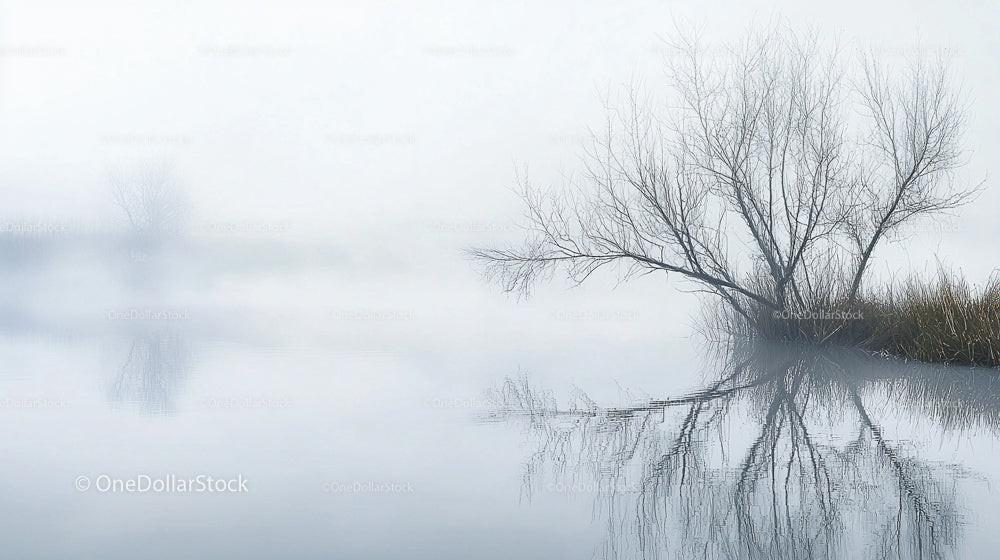 Misty Morning with Bare Tree Reflected in Calm Water