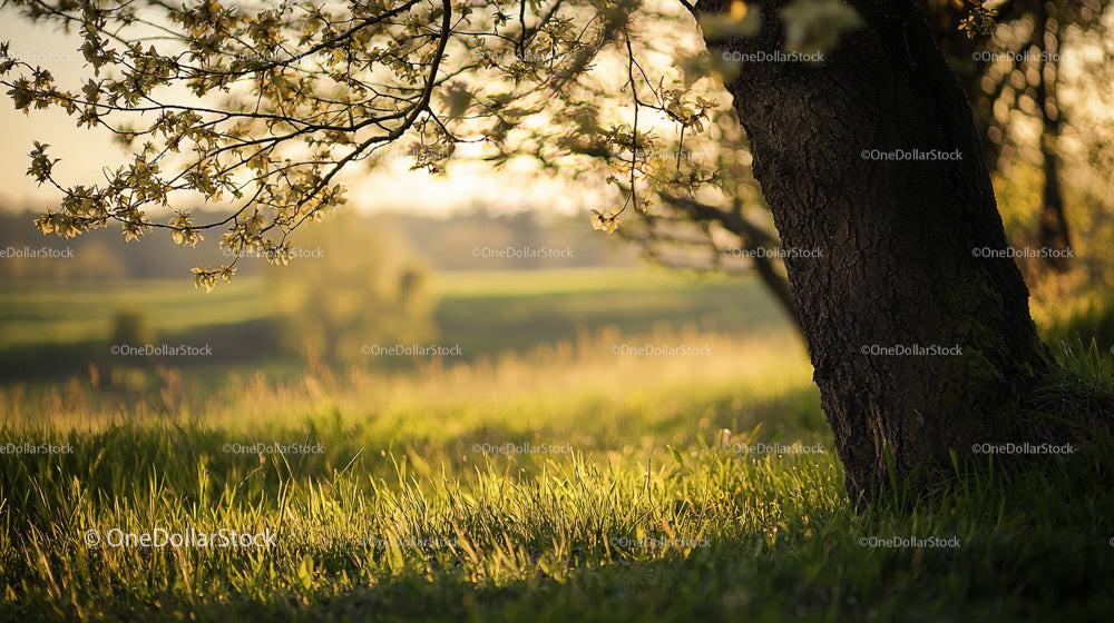 Blooming Tree in Golden Hour Countryside Landscape