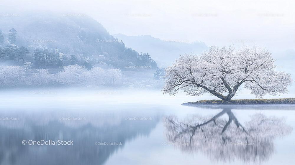 Serene Misty Lake with Cherry Blossom Reflections