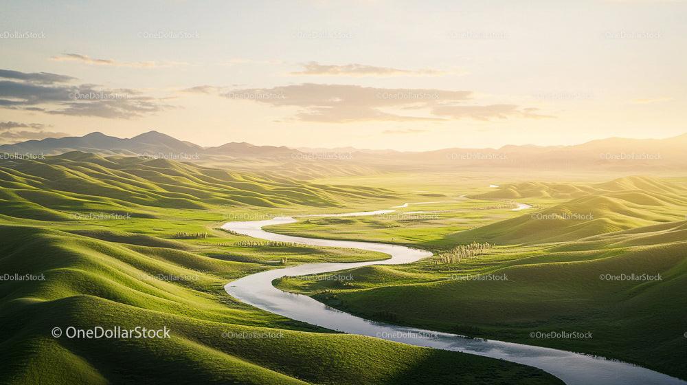 Winding River Through Rolling Green Hills at Sunset