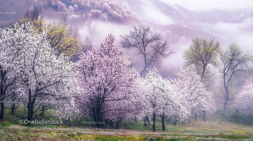 Misty Spring Landscape with Blooming Cherry Blossoms