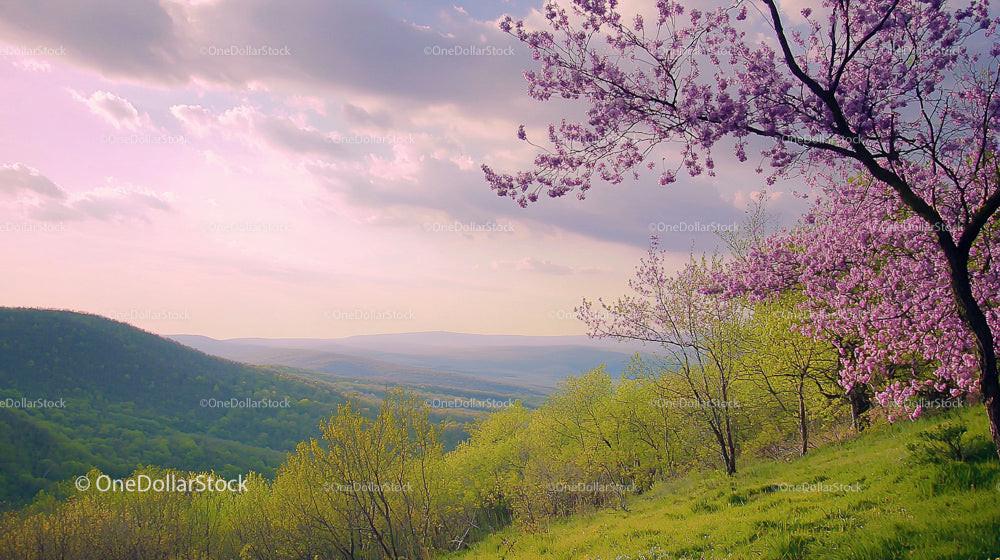 Spring Landscape with Blooming Tree and Mountain View
