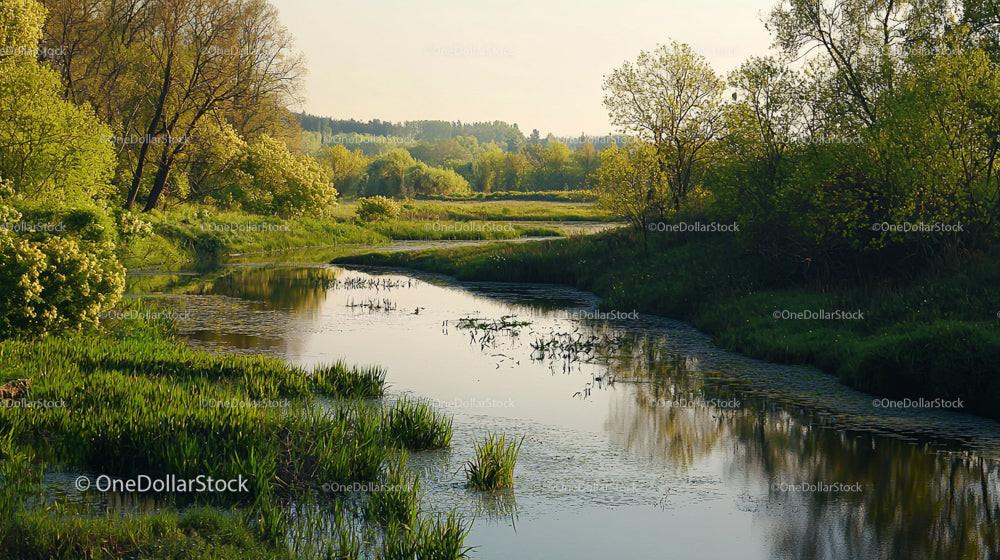 Tranquil River and Lush Greenery in Spring Countryside