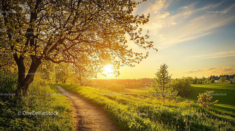 Sunset Path Through Blossoming Spring Countryside