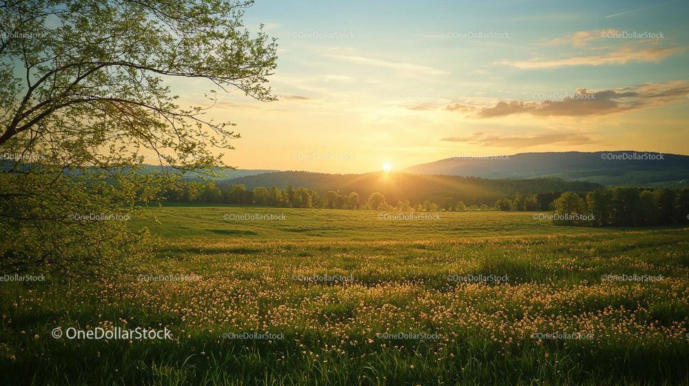 Tranquil Sunset Over Rolling Hills and Green Fields