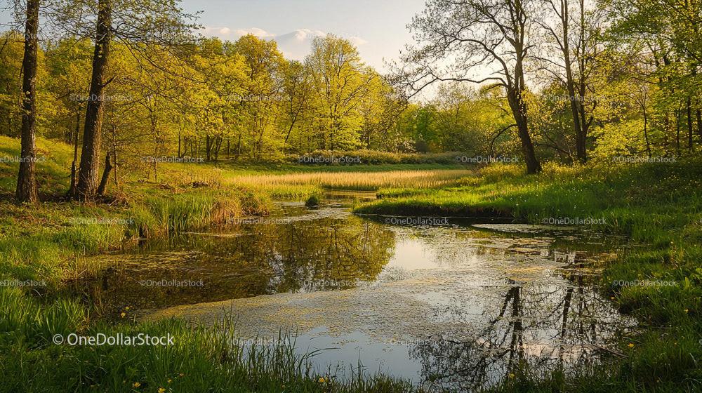 Tranquil Spring Pond Surrounded by Lush Greenery