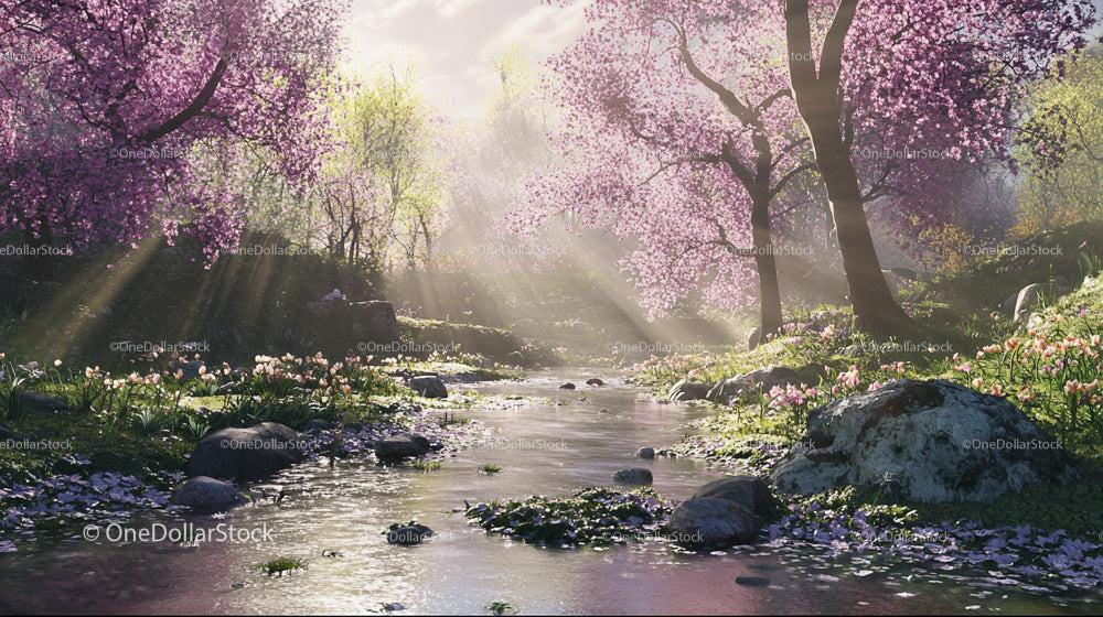 Tranquil Spring Landscape with Cherry Blossoms and Sunlit Stream