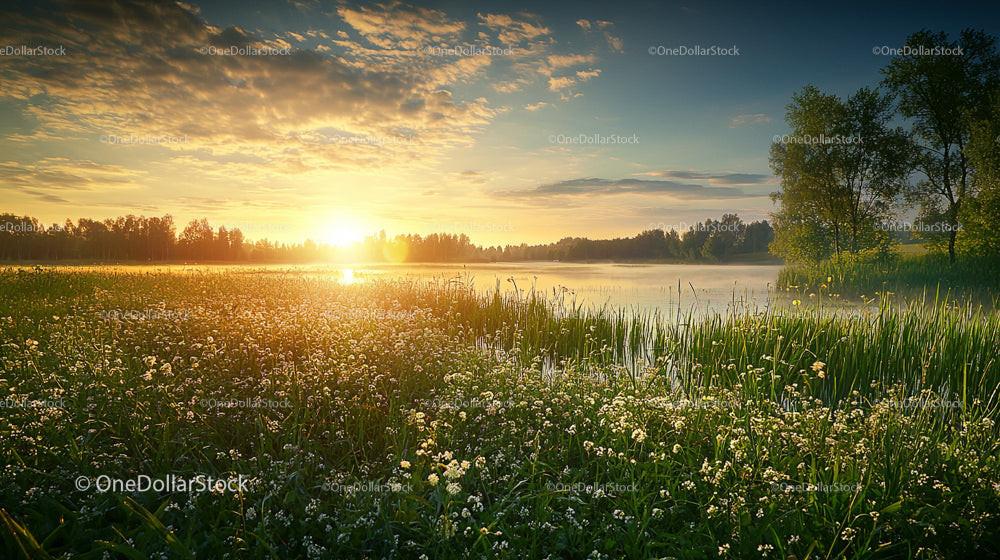 Golden Sunrise Over Tranquil Meadow and Lake