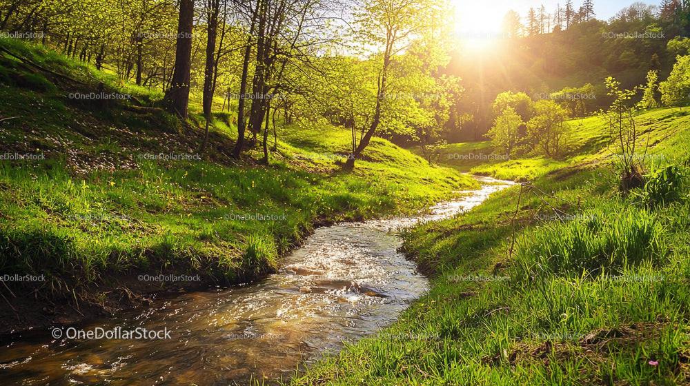 Sunlit Stream Winding Through Lush Green Valley