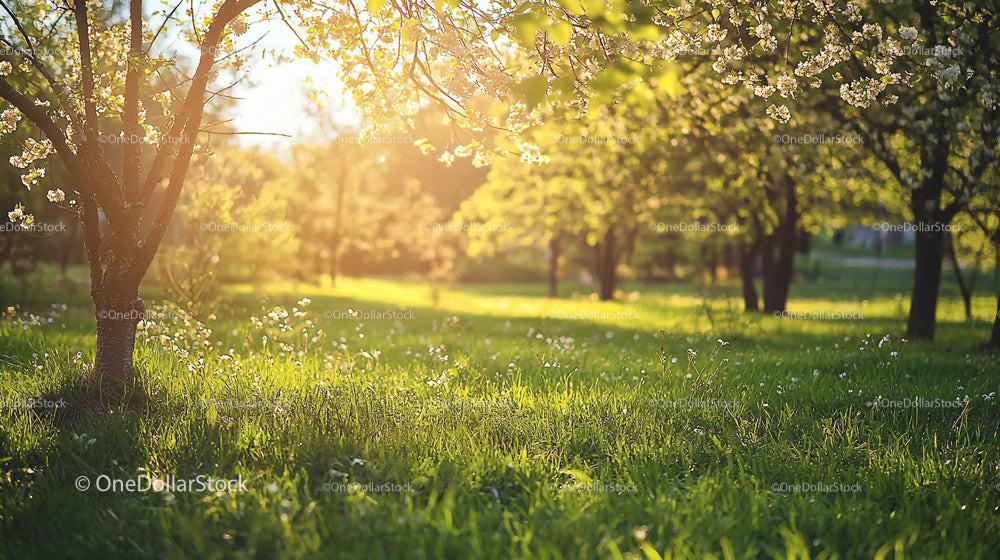 Sunlit Cherry Blossom Orchard in Springtime