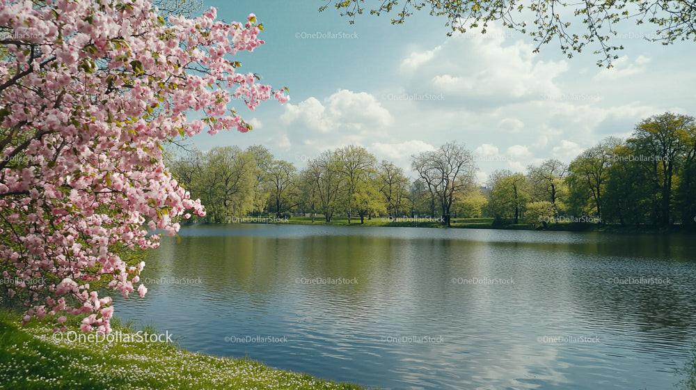 Tranquil Lake Surrounded by Cherry Blossoms and Lush Greenery
