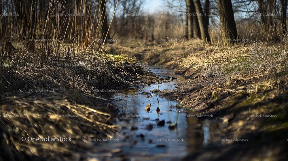 Tranquil Spring Stream Flowing through a Woodland Landscape