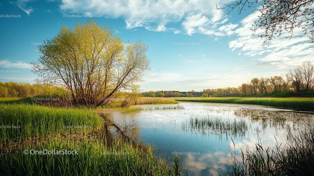 Tranquil River and Vibrant Greenery Under a Clear Blue Sky