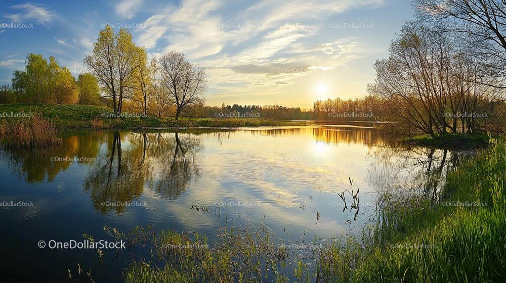 Golden Sunset Reflecting on Tranquil Lake with Birch Trees