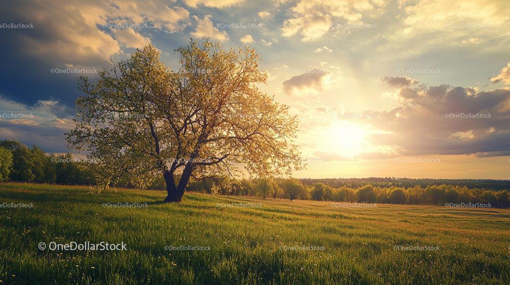 Sunset Over Field with a Single Tree and Scenic Sky