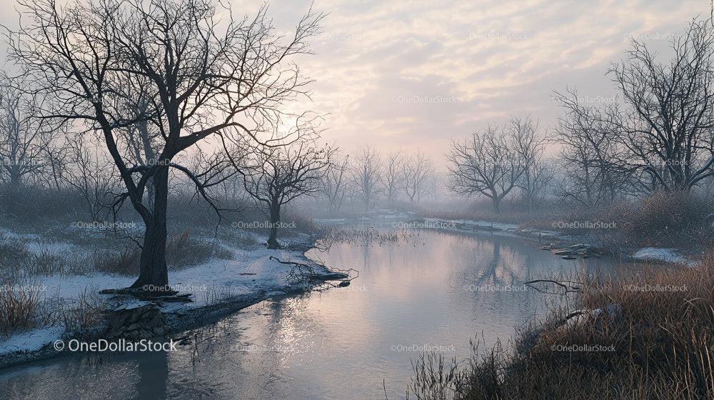 Tranquil Winter Landscape with Frosty Trees and River