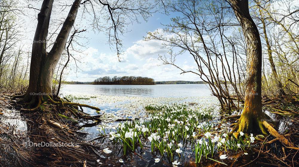 Tranquil Lake and Blooming Marshland in Springtime