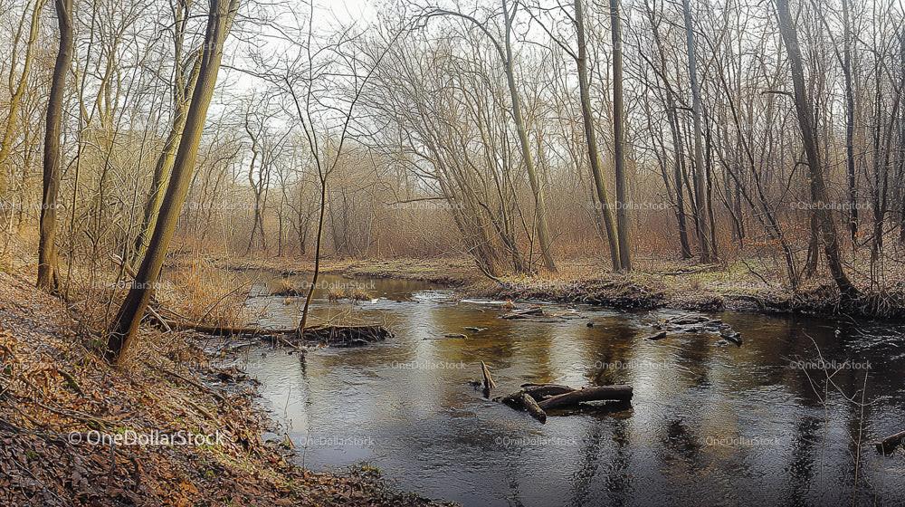 Tranquil Forest Stream Surrounded by Bare Winter Trees
