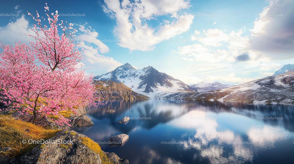 Cherry Blossoms by a Serene Mountain Lake in Spring