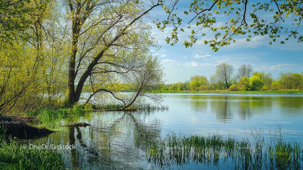 Tranquil Lakeside Scene with Lush Greenery and Reflecting Trees