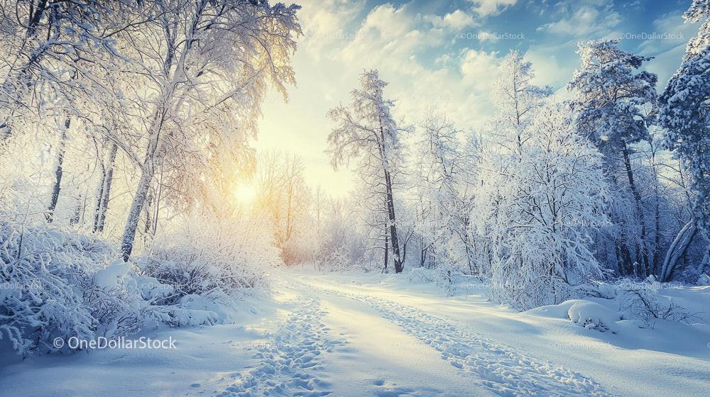 Sunlit Winter Path Through Frosty Forest