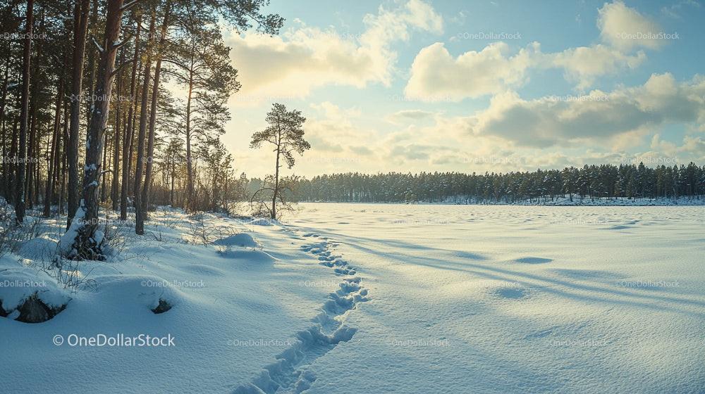 Serene Winter Landscape with Snowy Field and Pine Forest