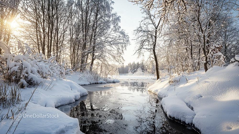 Sunlit Winter Stream in a Snow-Covered Forest