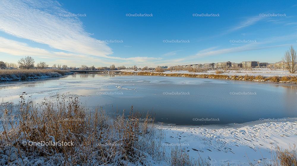 Tranquil Frozen Lake with Snowy Landscape and Blue Sky