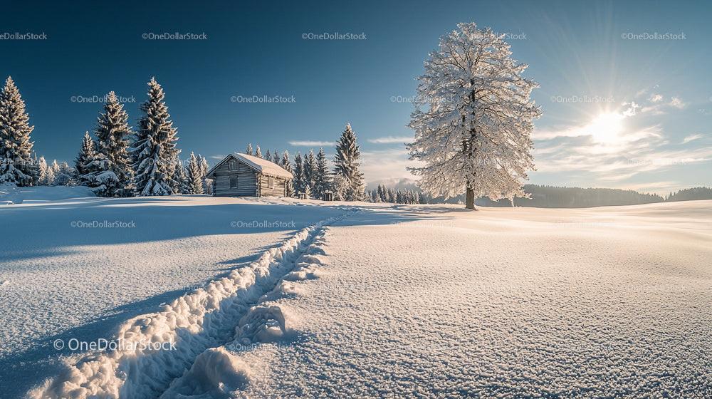 Tranquil Snowy Landscape with a Lone Cabin and Trees