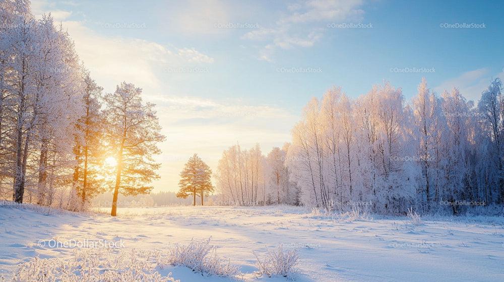 Frosty Winter Sunrise Over a Serene Snowy Forest