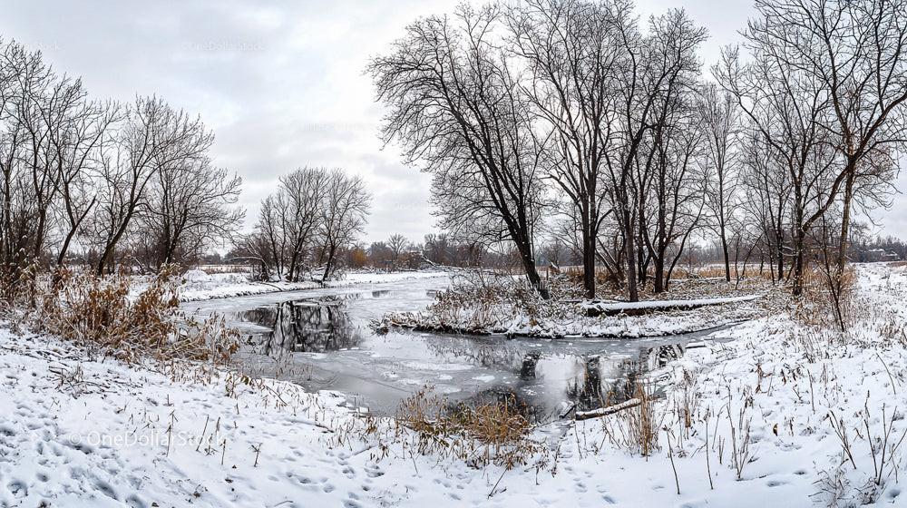 Frozen River and Snow-Covered Trees in Winter Landscape