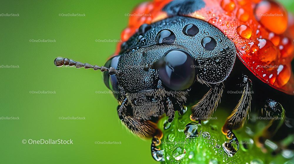 Vivid Close-Up of Ladybug on Dewy Green Leaf