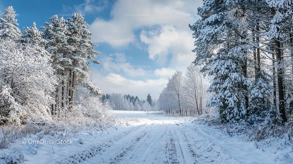 Serene Winter Pathway Through Snowy Forest