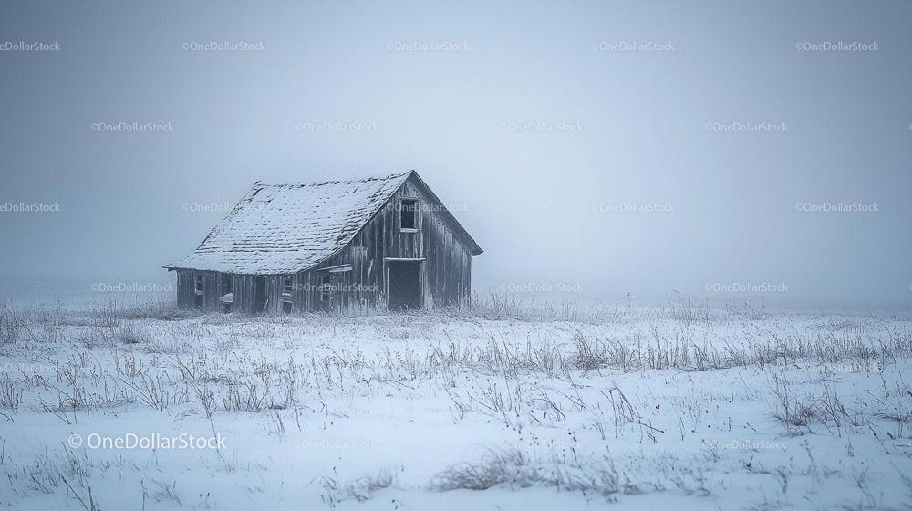 Rustic Cabin in a Snowy Misty Winter Landscape