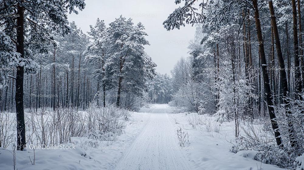 Snowy Winter Path Through Tranquil Forest Landscape