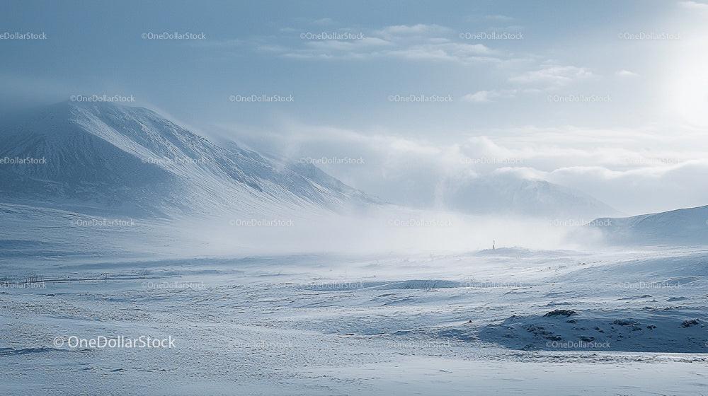 Snowy Mountain Landscape with Mist and Snow-Covered Peaks