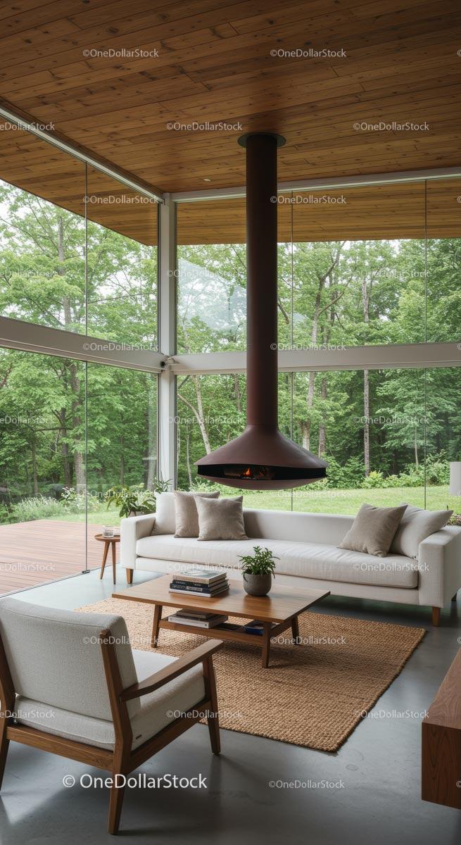Modern Living Room with Fireplace and Panoramic Forest View