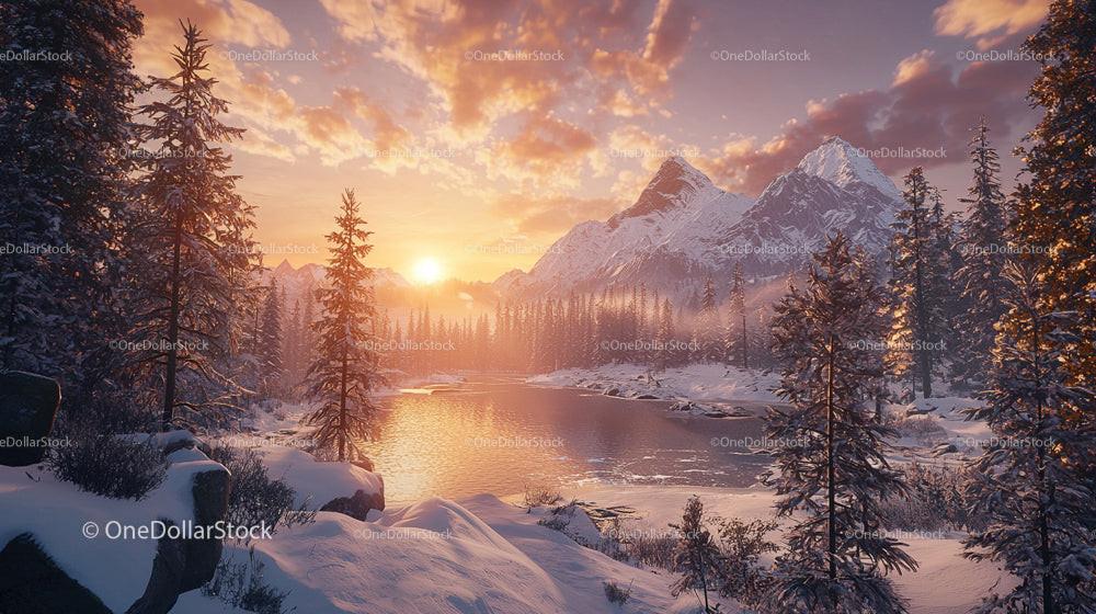 Scenic Winter Sunset Over Snowy Mountain Landscape