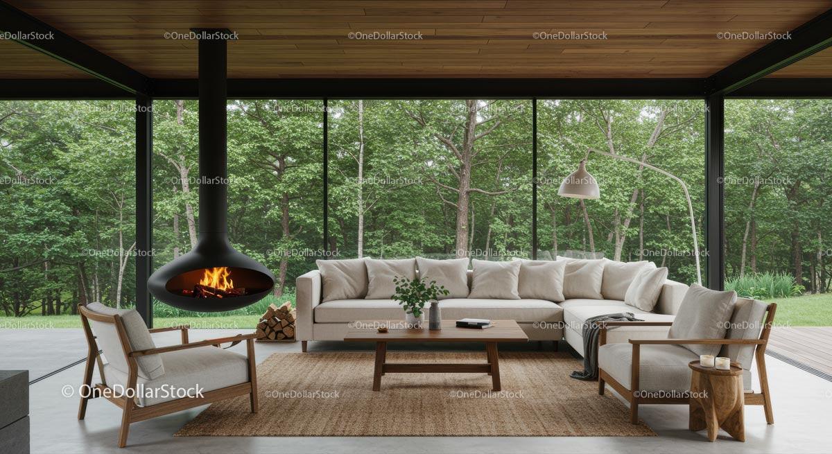 Cozy Modern Living Room with Panoramic Nature View