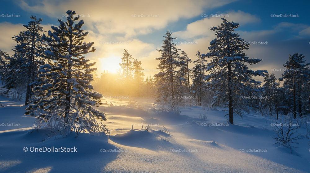 Snow-Covered Pine Trees at Sunrise in a Winter Forest