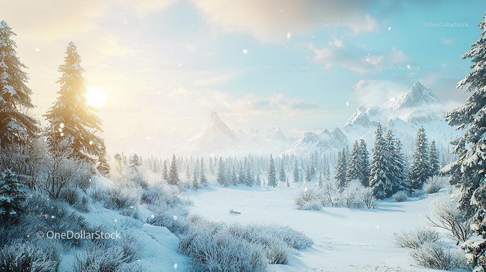 Snowy Mountain Landscape at Sunrise with Pine Trees