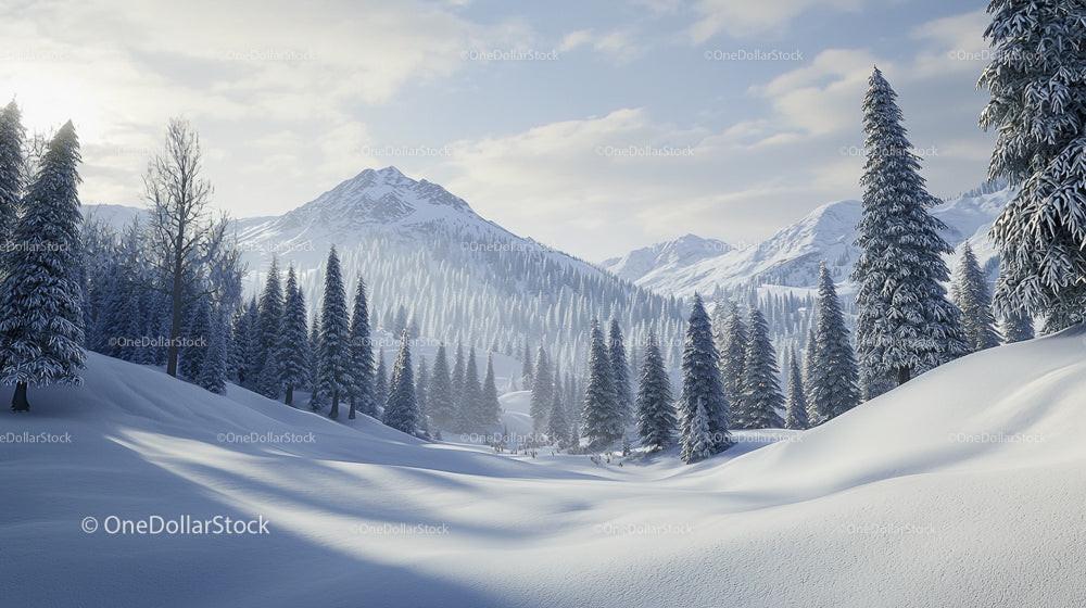 Winter Wonderland with Snowy Mountains and Pine Trees