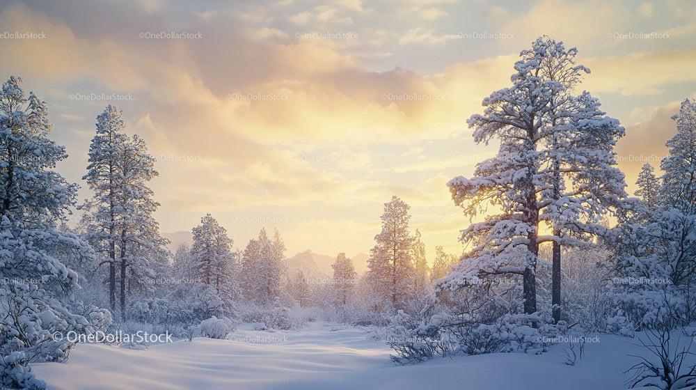 Snow-Covered Pine Tree Forest at Golden Sunset