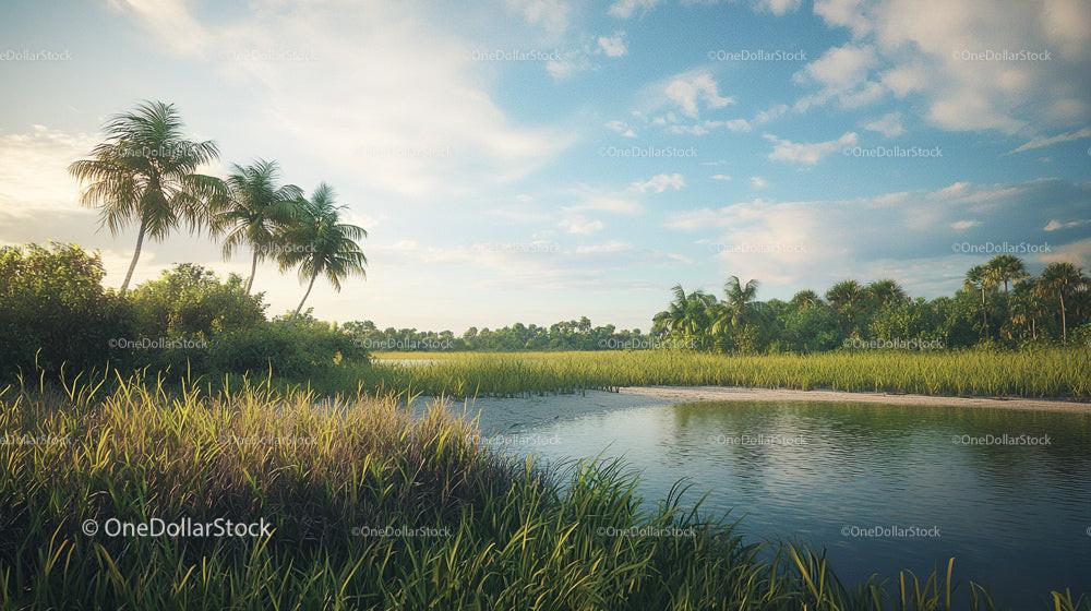 Tranquil Tropical Landscape with Palm Trees and Calm Water