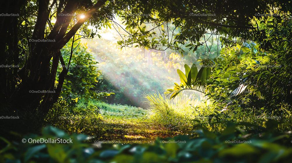 Sunlit Forest Pathway Through Lush Green Jungle