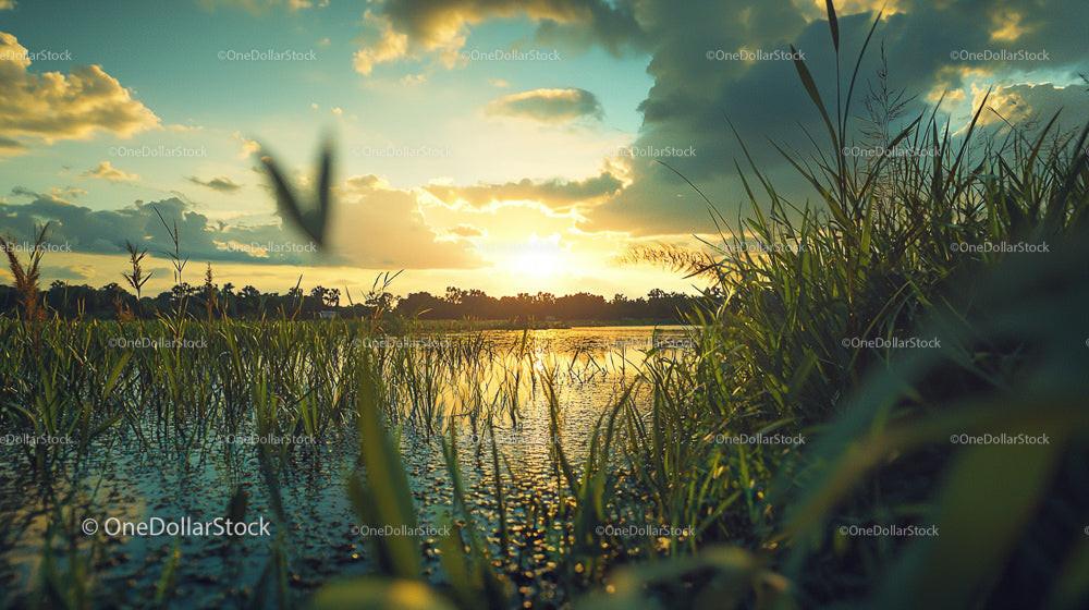 Serene Sunset Over a Tranquil Lake with Reeds