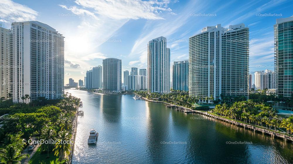 Sunlit Urban Waterfront with Skyscrapers and Palm Trees