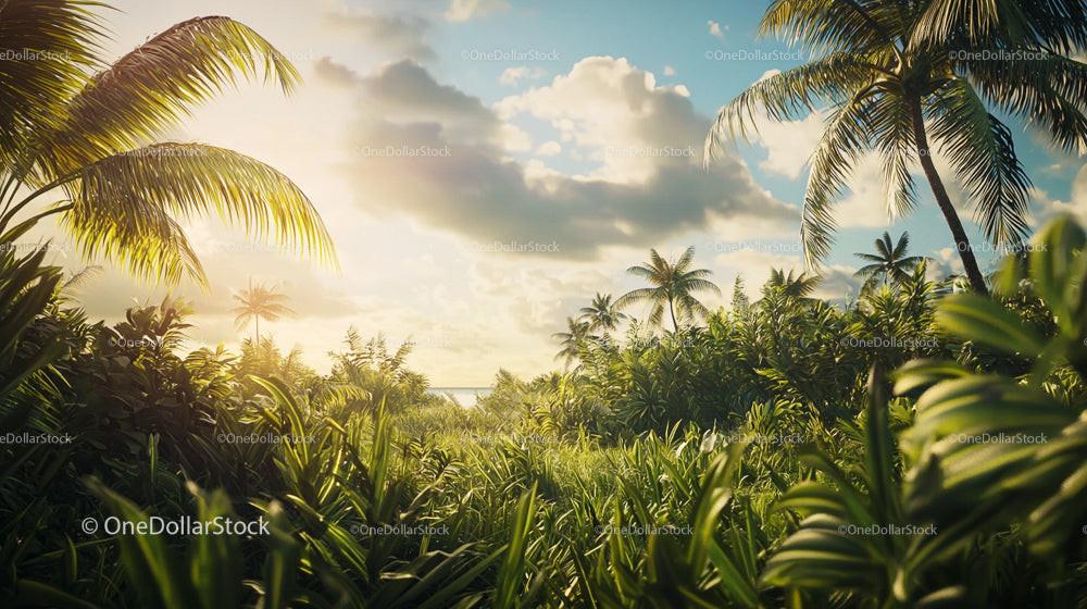 Lush Tropical Landscape with Palm Trees at Sunset