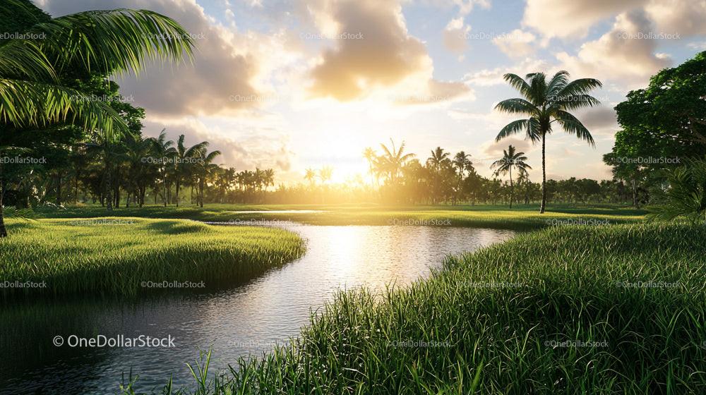 Tropical Sunset Over Serene River and Lush Green Palm Trees