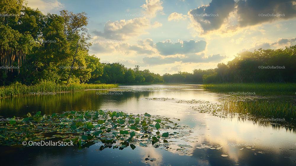 Serene Lake with Lush Vegetation at Sunset